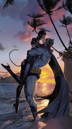 a painting of a catwoman hugging a man on the beach