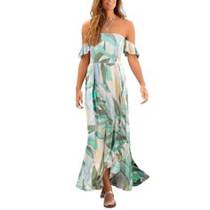 A print maxi dress in an off-the-shoulder style with a smocked top. * Deep back neckline with 3 bands * Short flounce sleeves * Long flounce skirt with an overlapping front part * Print may vary * Back length approx. 26.75 inches * Viscose. Imported. * Machine wash cold with like colors, inside out * Hang to dry or lay flat Elegant Off-shoulder Beach Dresses, Cold Shoulder Flowy Dress For Vacation, Flowy Cold Shoulder Vacation Dress, Flowy Cold Shoulder Dress For Vacation, Chic Off-shoulder Dress For Beach Season, Chic Flowy Off-shoulder Dress For Spring, Chic Flowy Off Shoulder Dress For Spring, Strapless Off Shoulder Dress With Ruffles For Vacation, Green Off-shoulder Maxi Dress For Spring