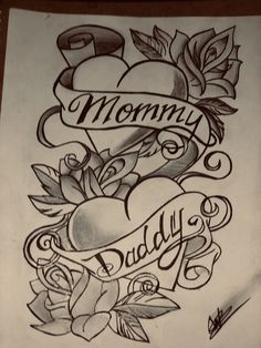 a drawing of roses and hearts with the word mommy on it's back side