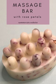 a close up of a bowl of food on a table with text overlay that reads massage bar with rose petals