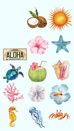 an illustration of various sea animals and shells on a white background with the words aloha above them