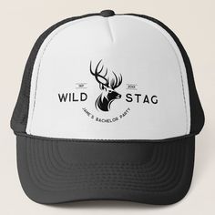 Celebrate your bachelor party in style with our Black and White Bachelor Party Gift Design. Featuring a sleek stag deer head with antlers, this modern, cool groom gift is perfect for any wedding party. A keepsake your best man and groomsmen will cherish! Bachelor Party Hats, Bachelor Party Gifts, Stag Deer, Baseball Trucker Hat, Gift Design, Deer Head, Groom Gift, Bachelor Party, Hat Hairstyles