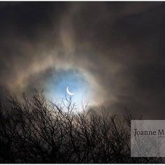 the sun is seen through clouds with trees in foreground and dark sky behind it