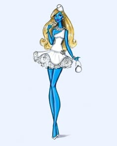 a drawing of a woman dressed in blue and white with long blonde hair wearing a dress