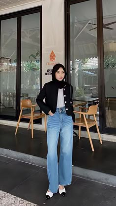 Ootd Highwaist Jeans, Outfit Celana Jeans, Ootd Hijab Jeans, Black Outfit Hijab, Ootd Cardigan, Blue Hijab, Hijab Jeans, Outfit Hijab Casual