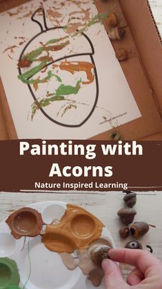 a child's hands painting with acorns on a white plate and brown box