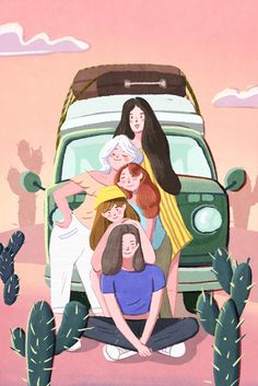 a group of women sitting on the ground in front of a van with cactus trees