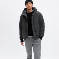 Gap Puffer Coat Gap Relaxed Fit Outerwear For Work, Gap Relaxed Fit Outerwear For Fall, Gap Relaxed Fit Fall Outerwear, Gap Relaxed Fit Spring Outerwear, Gap Relaxed Fit Winter Outerwear, Casual Gray Puffer Jacket, Gray Winter Outerwear With Ribbed Cuffs, Gray Long Sleeve Casual Puffer Jacket, Casual Gray Long Sleeve Puffer Jacket