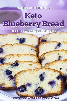 keto blueberry bread on a plate with coffee