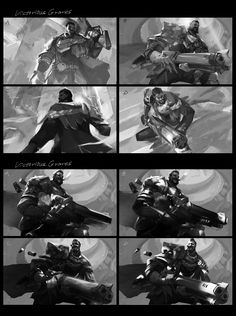 the concept art for an upcoming video game is shown in black and white, with multiple images