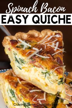 Slice of spinach bacon quiche on top of a pie. Kiesh Recipes, Breakfast Quiche Recipes Easy, Bacon Quiche Recipe, Bacon Spinach Quiche, Spinach Quiche Recipes, Fancy Brunch, Homemade Pie Crust