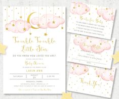 "Twinkle Twinkle Little Star Girl Baby Shower Invitation Set, featuring pink clouds with gold moon and stars. A Books for Baby Card, Diaper Raffle card and sign, and Thank You card are also included in this shower invitation template set. Within minutes of purchase, you may access your shower invitation and edit online in TEMPLETT. Templett is a fully customizable, web-based template editor that's easy to use, with no software to install or fonts to download. Shower Template Printables are beautiful, economical, and perfect for DIY shower hosts and hostesses. Just purchase, edit, download and print! TRY BEFORE YOU BUY-DEMO LINK Copy and past this URL into your web browser: https://templett.com/design/demo/ArtfulLifeDesigns/8253737,8265403,8266153,8266537,8304157 The online demo template wo Fun Baby Shower Themes, Star Baby Shower Invitations, Twinkle Twinkle Baby Shower, Moon Baby Shower, Diy Shower, Shower Cupcakes, Fun Baby, Shower Themes, Star Baby Showers