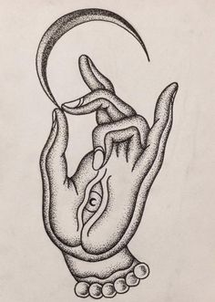 a black and white drawing of a hand holding a crescent