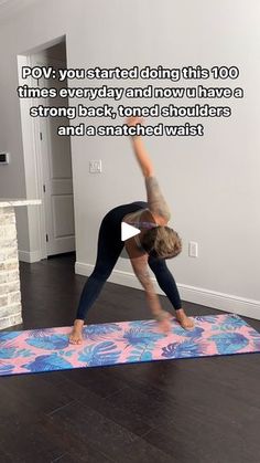 a woman is doing yoga on a mat in her living room with the words pov you started doing this too times everyday and now, i know how have a strong