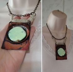 "As shown. One of a kind artisan piece. Handmade. Very nicely made with attention to detail. Unworn with artist's tag attached. A lot of work in this! Hand wrought oxidized copper, hook also. Chrysoprase. Copper plated chain. Hand crochet. Measures approx. 17\" length + 4\" pendant drop. See ruler picture to gauge size. Will come in a gift box." Adjustable Green Rustic Necklace, Adjustable Rustic Green Necklace, Nature-inspired Chrysoprase Necklaces As Gift, Nature-inspired Chrysoprase Necklaces, Nature-inspired Chrysoprase Necklace As Gift, Handmade Chrysoprase Necklaces In Nature Style, Handmade Artisan Turquoise Necklace, Handmade Artisan Green Turquoise Necklace, Artisan Chrysoprase Necklaces For Jewelry Making