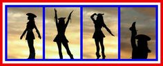 the silhouettes of four people are shown in three different pictures, one is holding her arms up