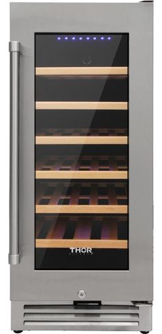 a stainless steel wine cooler with many bottles in the door and lights on it's sides