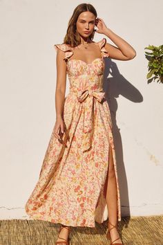 Featuring floral midi dress with a corset style top and adjustable flutter straps and a side slit in the color prim rose dreaming Corset Style Tops, Flutter Dress, Linen Midi Dress, Corset Style, Effortless Chic, Floral Midi Dress, Casual Elegance, Corset Dress, Fitted Bodice