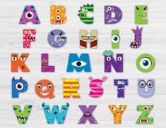 the letters and numbers are made up of cartoon faces, eyes, and mouths with different colors