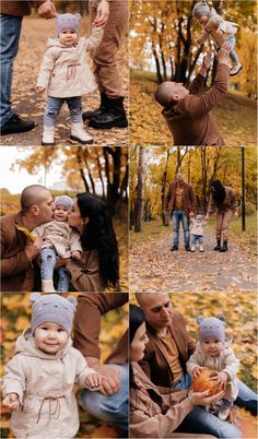 a collage of photos showing people and their babies in the fall leaves, with one baby being held up by an adult