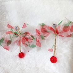 Cherry Bow Ribbon Clip On Earrings No Piercing Needed Party Cherry Earrings, Cherry Dangle Earrings For Party, Cherry Color Dangle Earrings For Party, Earrings No Piercing, Simplistic Jewelry, Ribbon Clip, Pearl Logo, Initial Earrings, Jeweled Earrings