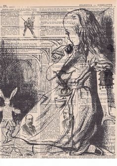 an old newspaper page with a drawing of a woman holding a baby in her arms