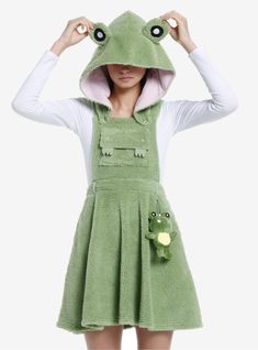 Frog Cosplay Hooded Skirtall Over The Garden Wall Costume, Frog Cosplay, Fabric Overalls, Zipper Outfit, Frog Costume, Green Cute, Cute Hat, Tall Hoodies, Over The Garden Wall