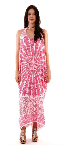 Finally, your new favorite oversized summer dress is here! The comfortable and lightweight material makes this dress ideal for a sunny day out on the town, on a cruise, or even toss over your swimsuit for a fun bohemian long swimsuit cover up. Racerback design Mandala print﻿ Made of soft lightweight rayon Machine wash cold, low tumble dry White Sundress For Summer Outings, Pink Summer Sundress For Beach, White Spring Sundress For Poolside, White Sundress For Poolside Spring Events, White Sundress For Spring Poolside, White Free Size Maxi Dress For Beach Cover-up, White Bohemian Sundress For Summer, White Dress For Summer Vacation Outings, White Dress For Summer Vacation