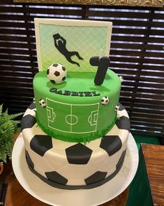 a soccer themed birthday cake on a table