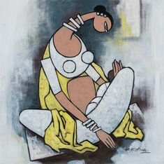 an abstract painting of a woman sitting on the ground