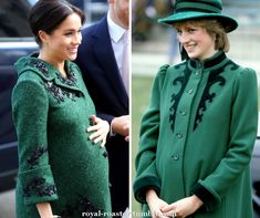 two pictures of the same woman in green coats and hats, one is wearing a hat