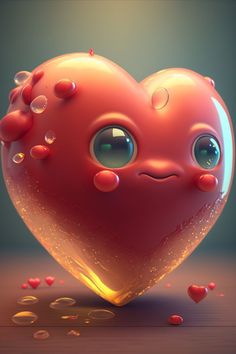 a heart shaped object with lots of bubbles on the surface and eyes, as if it were floating or floating