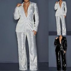 2 Piece Womens Suits Set Sequin Pants Set Notch Lapel Outfit Party Blazer Coat | eBay