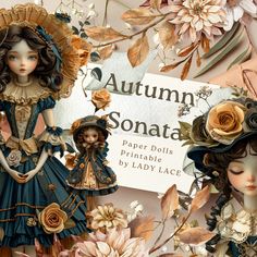 an image of a paper doll surrounded by flowers and leaves with the words autumn sonata on it