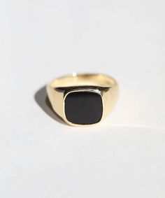 This is a traditional signet ring in square shape with onyx set in 14k yellow gold. NO ENGRAVING Specifications: 14k yellow gold, 10mm square black onyx, 3mm at back of ring. Please contact us regarding other metal colors, or rush orders. Custom made in approx. 4 weeks. Contact us for rush orders. Please contact us for sizes not listed shop@machastudio.com Please note custom pieces are not valid for refund or exchange. Classic Onyx Signet Ring With Polished Finish, Timeless Onyx Signet Ring With Polished Finish, Elegant Yellow Gold Signet Ring With Onyx, Elegant Yellow Gold Onyx Signet Ring, Minimalist Onyx Signet Ring For Formal Events, Minimalist Onyx Signet Ring For Formal Occasions, Minimalist Onyx Ring For Formal Occasions, Minimalist Onyx Rings For Formal Occasions, Classic Black Engraved Ring With Black Enamel