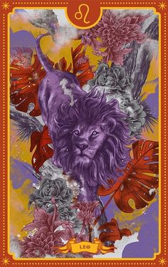 the lion tarot card with flowers and birds