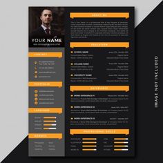 an orange and gray resume template with black accents on the front, yellow trim around the edges