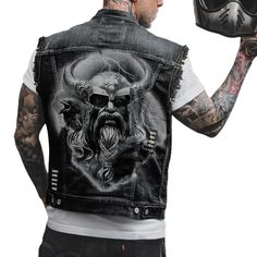 Punk Style Men's High Street Ripped Jeans Vests Streetwear Printed Biker Waistcoat Motorcycle Rider Punk Style Men, Denim Vest Men, Placket Design, Casual Punk, Motorcycle Jeans, Street Motorcycle, Gym Outfit Men, Motorcycle Vest, Men's Sportswear