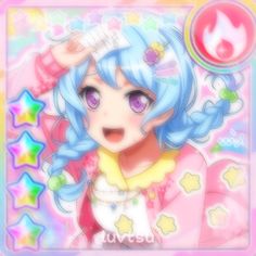 an anime character with blue hair and stars on her head, in front of a pink background