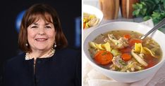 a woman is smiling next to a bowl of chicken noodle soup with carrots and celery