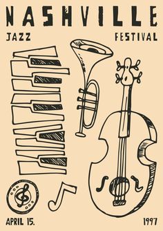 the nashville jazz festival poster is shown in black and white, with an image of a trumpet