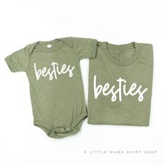 Besties - Set of 2 Matching Shirts – Little Mama Shirt Shop LLC Green Short Sleeve Tops With Name Print, Green Short Sleeve Top With Name Print, Basic Green Shirt With Letter Print, Green Basic Shirt With Letter Print, Green Tops With Name Print For Summer, Green Relaxed Fit Top With Name Print, Green Summer Tops With Name Print, Green Casual Shirt With Name Print, Casual Green Shirt With Name Print