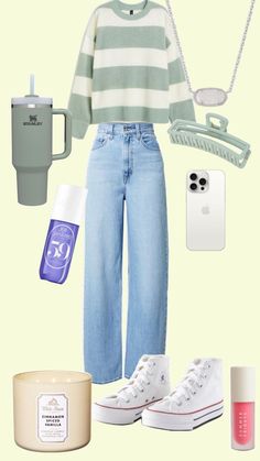 a woman wearing blue jeans and striped shirt with white sneakers, coffee mug, hair brush, phone case, cup holder, straw