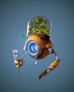 Solar Punk Robots, Robot Digital Art, Solar Punk Character, Robot Concept Art Cute, Cute Robot Art, Blender Artwork, Solarpunk Art, Robotic Art, 2d Concept Art