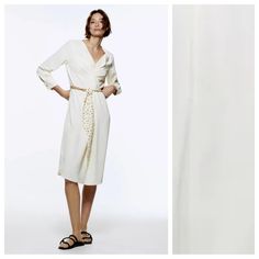 Nwt. Zara Ecru Belted Oversized Midi Dress With Ruched V-Neckline, Long Sleeves With Button Cuffs, Matching Linked Belt With Chain. Size S. Ref. 2298/062. Pit To Pit 21" Flat, Shoulders 16,5", Sleeves 23", Waist 21", Length 47". I Cream Long Sleeve Midi Dress For Summer, Feminine V-neck Midi Dress For Daytime, Casual Cream V-neck Midi Dress, White Midi Dress For Summer Workwear, Chic White Viscose Midi Dress, Beige Viscose Midi Dress For Spring, Cream Midi Dress For Spring Daywear, Beige Viscose Midi Dress For Daywear, Feminine Cream V-neck Midi Dress