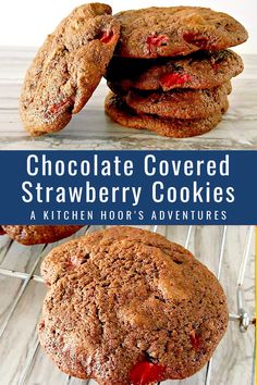 chocolate covered strawberry cookies are stacked on top of each other with the words, chocolate covered strawberry cookies