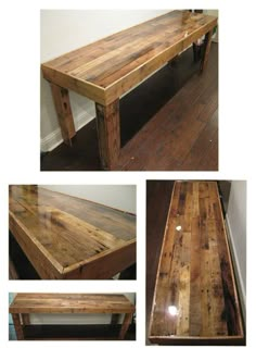 three different views of a wooden table with benches on top and bottom, along with pictures of the same wood planked surface