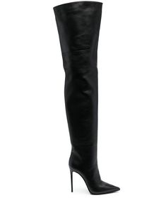 black nappa leather/calf leather pointed toe stiletto heel thigh-high pull-on style Thigh High Stiletto Boots, Leather Thigh Boots, Calf High Boots, Thigh High Suede Boots, Thigh Boots, Knee Highs, Over The, High Leather Boots, Stiletto Boots