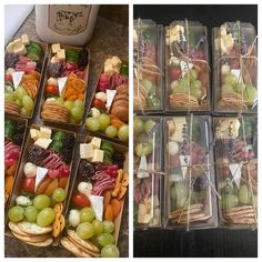 there are many different types of food in the trays on the counter and next to each other