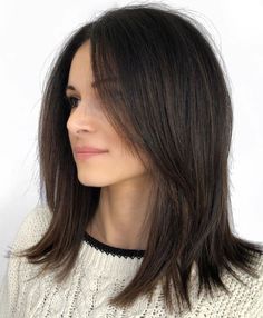 Pretty Shoulder-Length Hairstyle Curtain Bangs Medium Hair Brown Balayage, Haircut For Straight Thick Hair Medium, Medium Length Haircut Growing Out Bangs, Haircut For Thick Hair Medium Length, Chin Length Layers Medium Hair, Women’s Medium Haircut Straight, Median Hair Styles, Layered Long Bob Hairstyles Straight, Hair Cuts 2022 Trends For Women Over 40